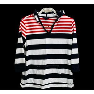 Tommy Hilfiger Hoodie Shirt Womens Large Red White Blue 3/4 Length Sleeves EUC